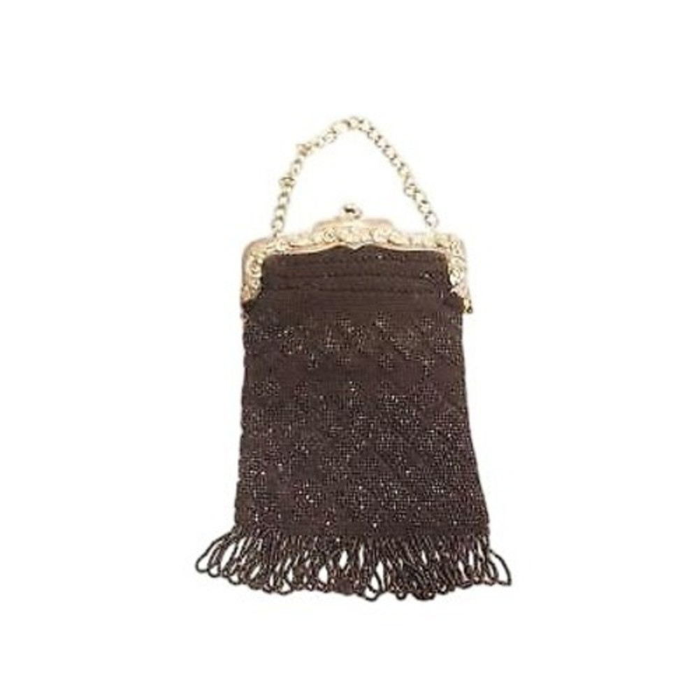 ANTIQUE ART NOUVEAU FLORAL FRENCH STEEL? BLACK MICRO BEAD CHATELAINE PURSE‎